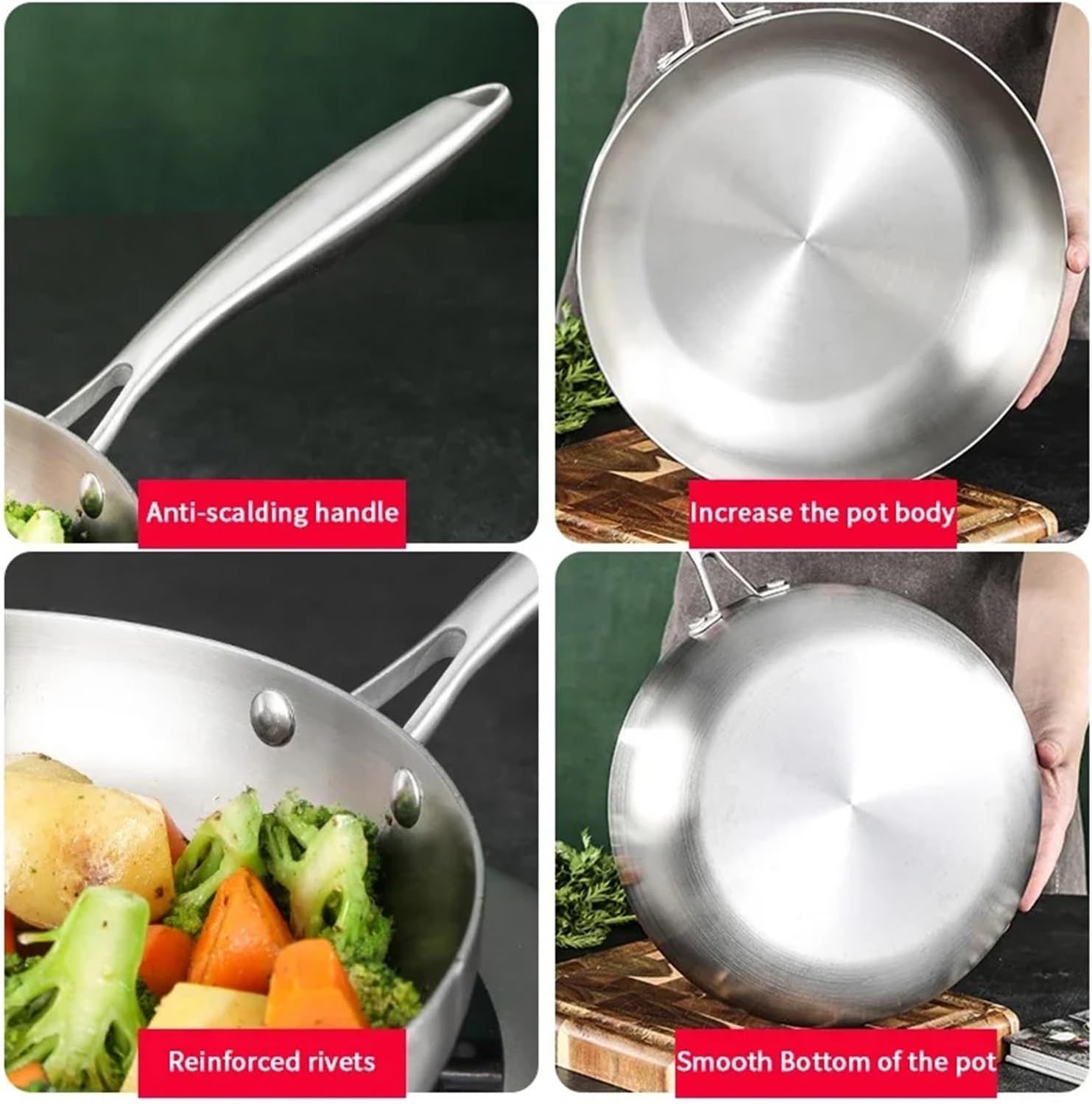 304 Stainless Steel Non Stick Pan For Frying Steak Uncoated Kitchen Cookware Suitable For Gas Stoves And Induction Cookers(28cm)