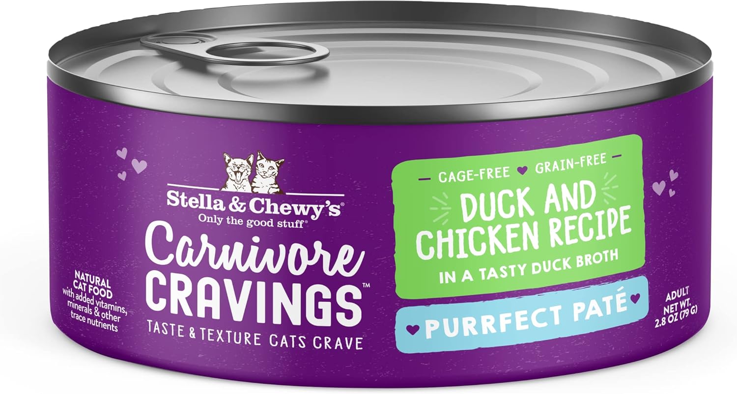 Stella & Chewy's Carnivore Cravings Purrfect Pate - Premium Grain-Free Wet Cat Food - Duck & Chicken Recipe - High Protein with Bone Broth - Perfect for Picky Eaters - 2.8oz Cans (24 Pack)