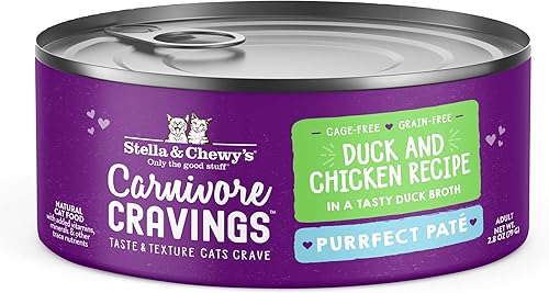 Stella & Chewy's Carnivore Cravings Purrfect - Alimento húmedo para gatos sin granos, rico en proteínas, receta de pato y pollo, (latas de 2.8