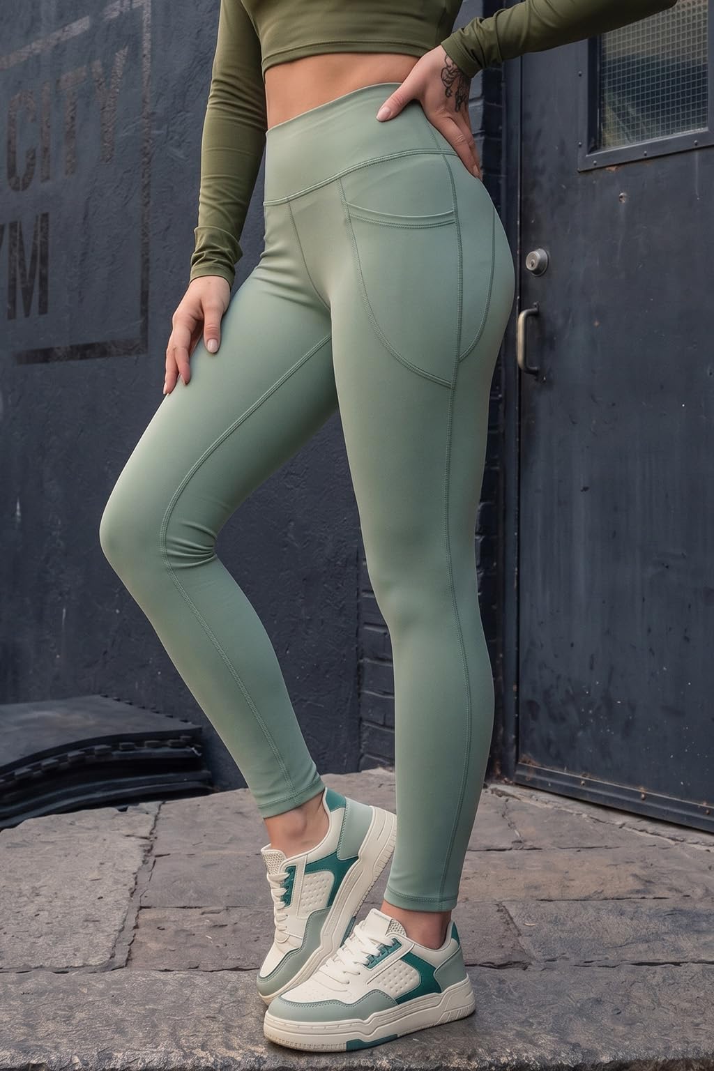 JUNEBERRY® Leggings sportivi da donna in spandex tinta unita | elasticizzati, leggeri e comodi per la palestra Colori: nero, blu navy, grigio chiaro, salvia, cacao, vino, malva.