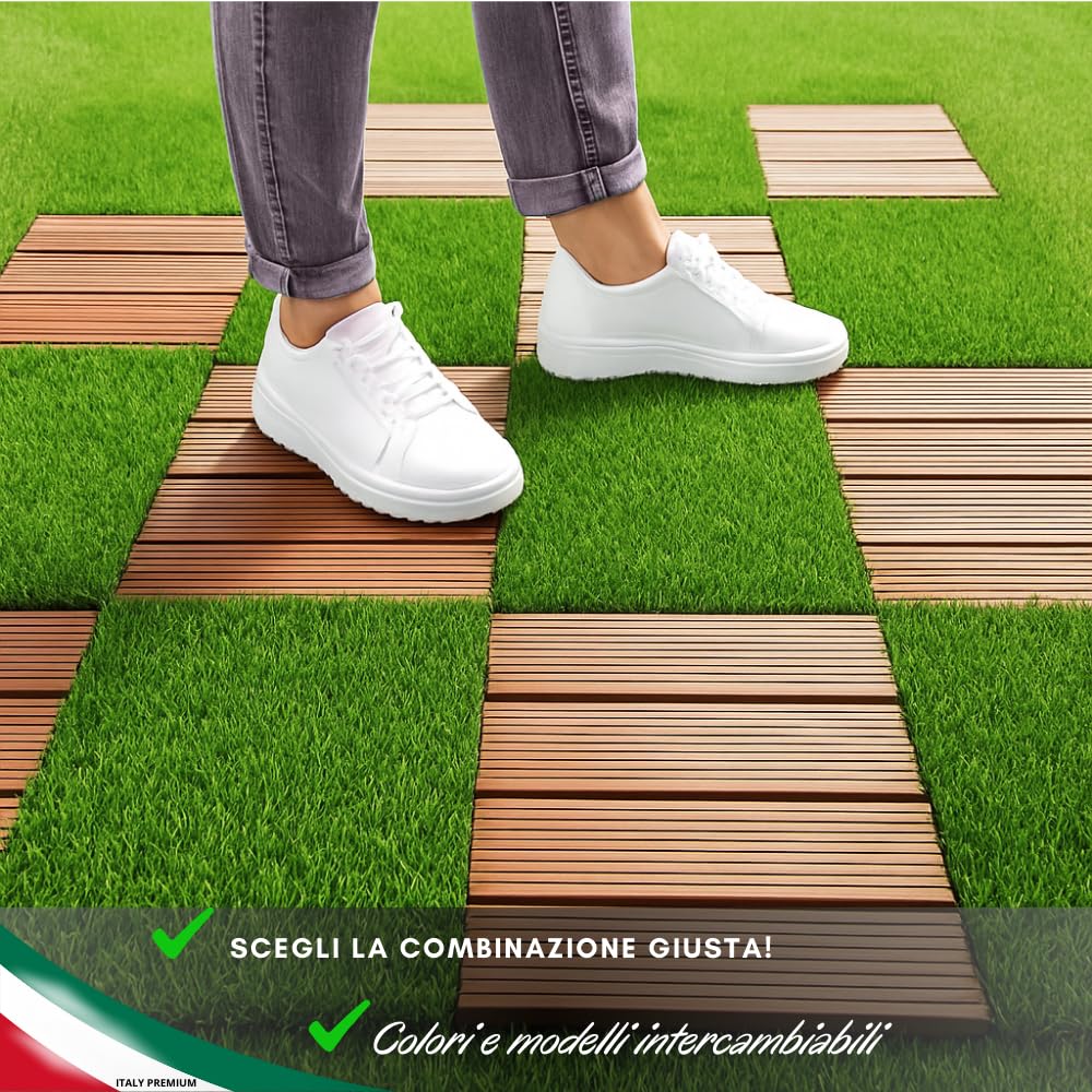 Piastrelle da Esterno ad Incastro WPC per Pavimentazione drenante Terrazzo, Balcone, Giardino,piscina, effetto legno antiscivolo base in PVC (ERBA, 10 PZ)