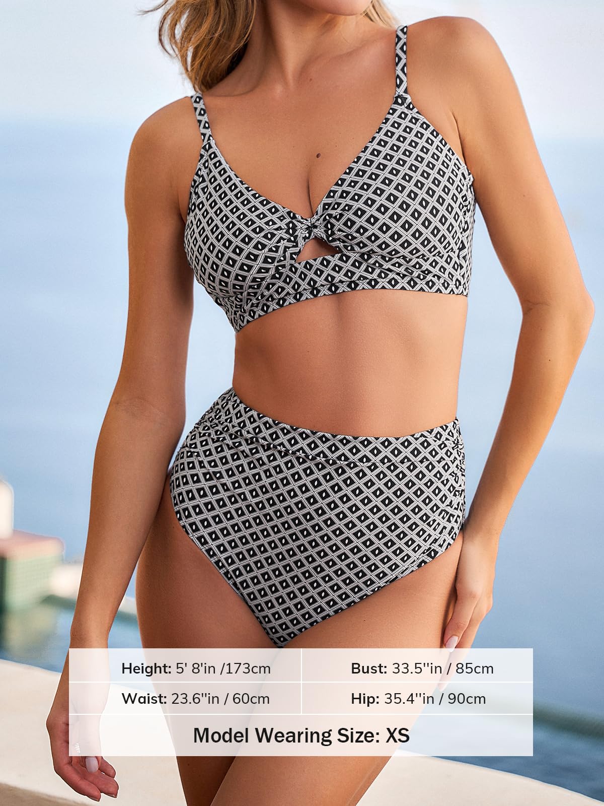 CUPSHE Damen Bikini Set Zweiteilige Hohe Taille Twist Front Ausschnitt Vollständige Abdeckung Raffung Badeanzug