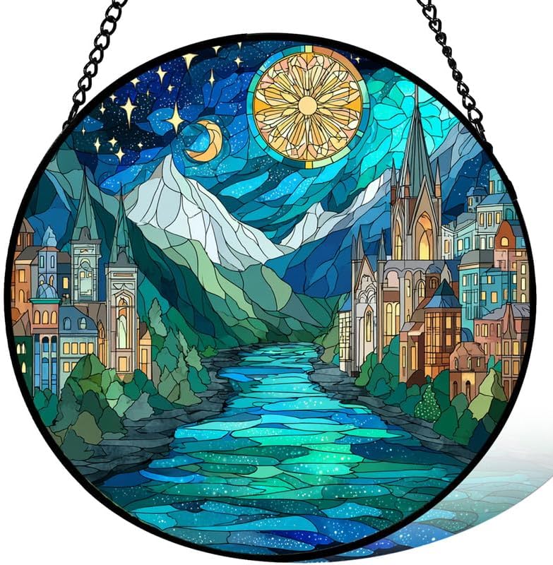 Stained Glass Window Hanging， Rivendell Landscape 11.8in Sun Catchers Indoor Window， Core Decor Inside and Outside The Cottage， Gifts for Women， Mountain River Night Scene Art Decor