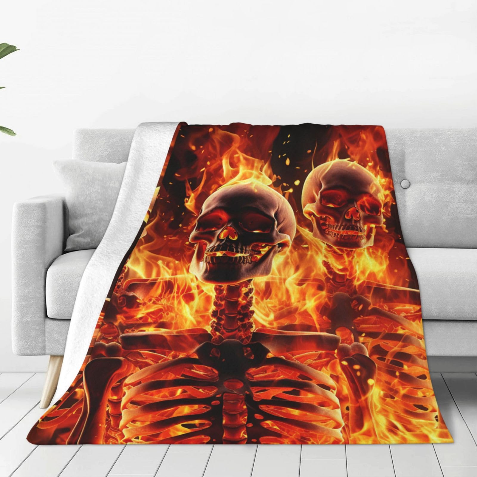 fire Skeletons Throw Blanket for Couch, Plush Fuzzy Soft Flannel Blankets and Throws for Sofa, 50"x40" Bed Blankets for Travel Camping Chair, All Season Warm Fleece Blanket