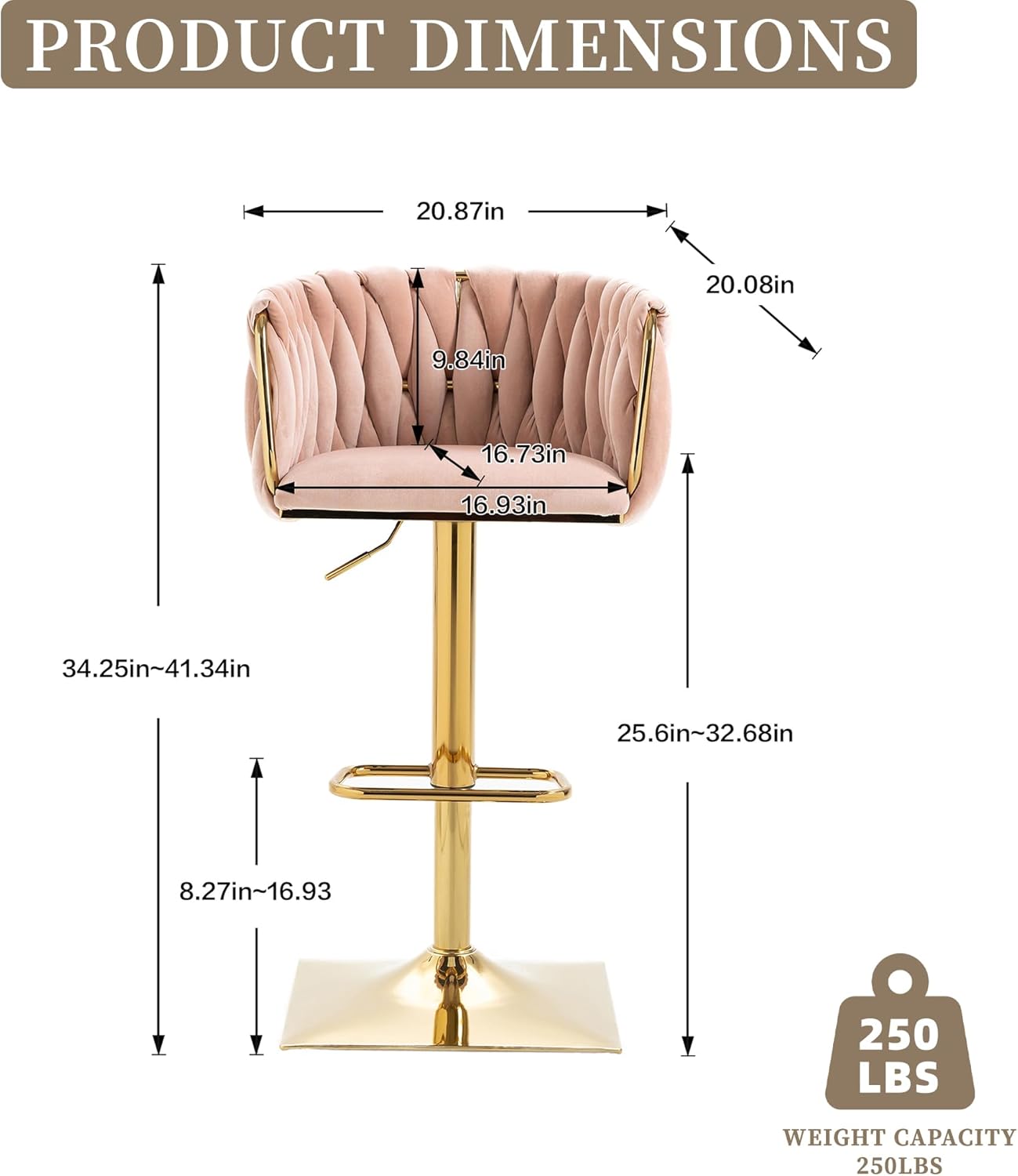 QQU 360° Modern Swivel Bar Stools Set of 2, Upholstered Height Counter Stools with Backrest & Footrest, Velvet Adjustable High Kitchen Island Chairs, High Dinning Chairs for Kitchen, Dinning, Pink