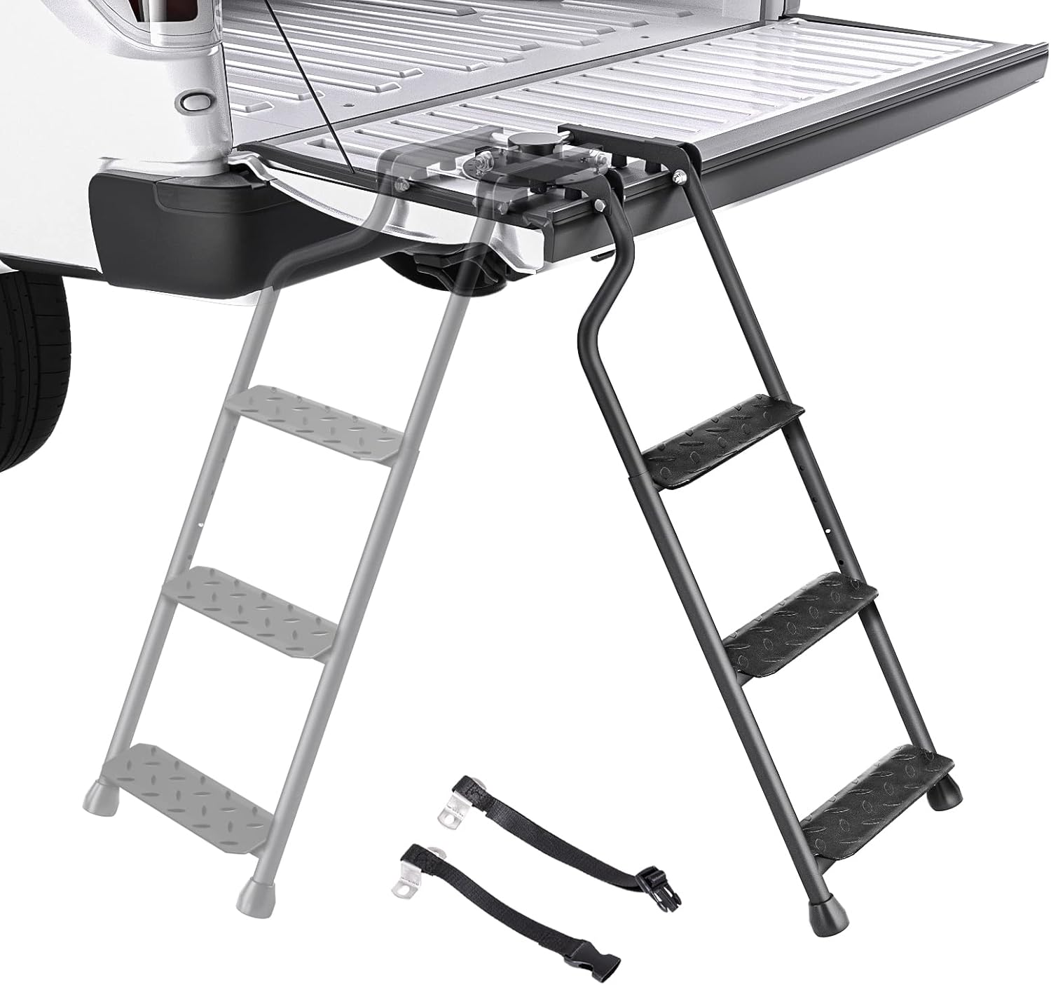 Tailgate ladder for pickup truck, foldable with wide pedals