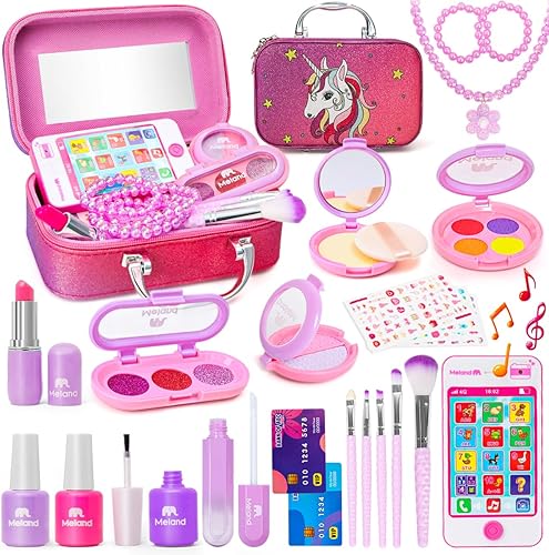 Meland Kit de maquillaje de simulación para niñas, juguetes para niñas pequeñas con maquillaje falso, juego de maquillaje para niñas pequeñas, kit