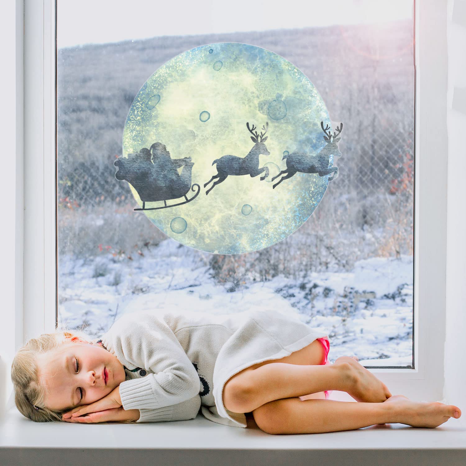 Stickerscape Christmas Window Stickers (Sleigh and Moon - Regular) | Christmas Window Decorations to Create a Winter Themed Display | Reusable, Re-positionable and Cleanly Removable