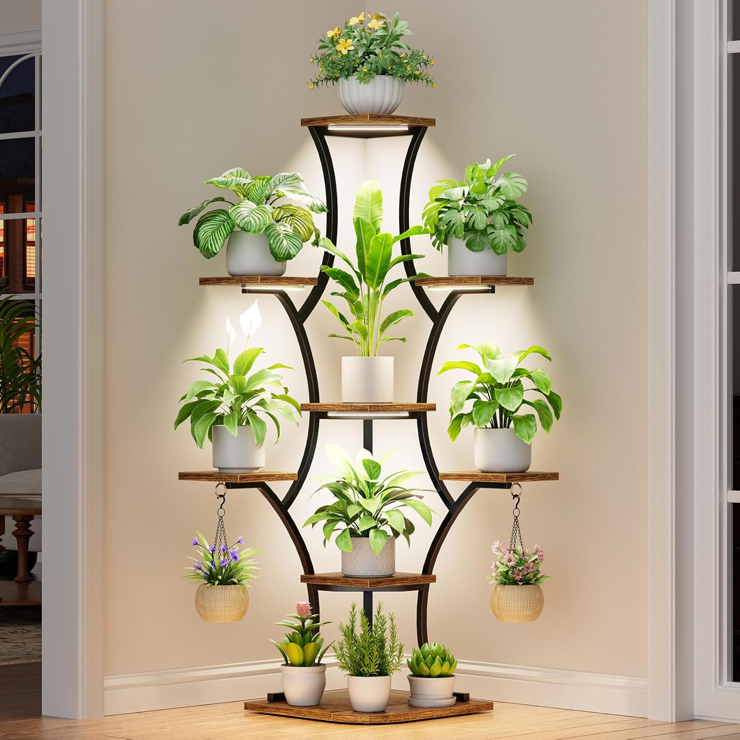 Corner Plant Stand With Grow Lights - 52.7" Indoor Plant Shelf, Corner Plant Stand For Indoor Plants, 8 Tiered Lighted Flower Holder, Tall Display Rack For Living Room, Hallway, Home Décor, Black