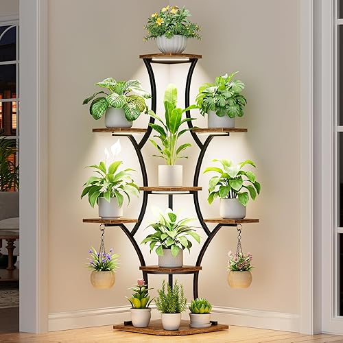 Soporte de esquina para plantas con luces de crecimiento, estante de interior de 52.7 pulgadas, soporte de esquina para plantas de interior, soporte