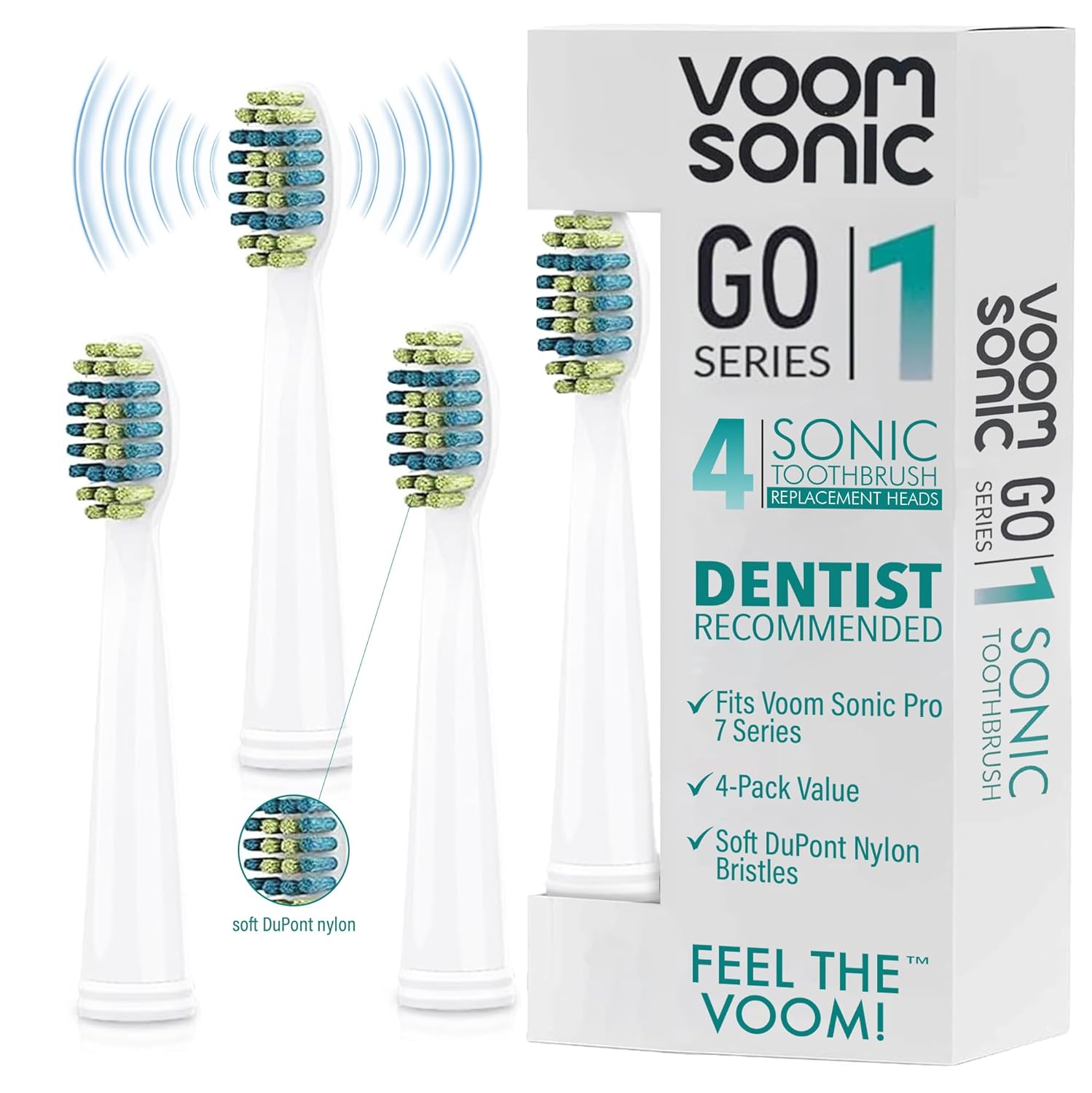 Voom Sonic Pro 7 Series Replacement Brush Heads Advanced Bristle Technology Soft Dupont Nylon Bristles Oral Care - White - Pack of 4