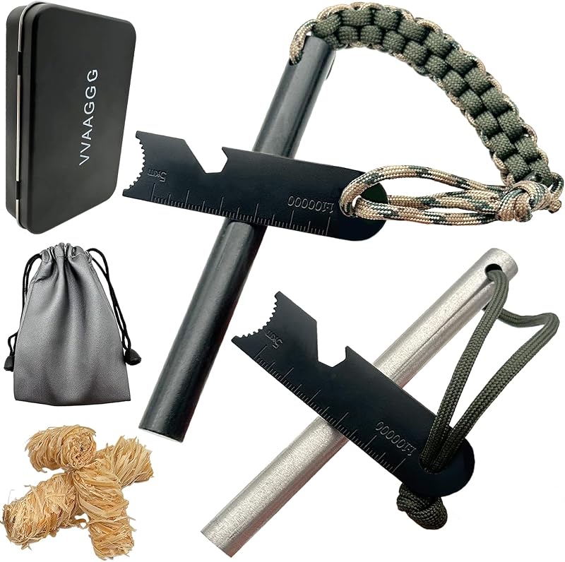 VVAAGG 4 Inch Large Ferro Rod Flint Fire Starter, 3/8" 1/2 inch | Survival Ferrocerium Rod kit with Paracord Landyard Handle and Striker