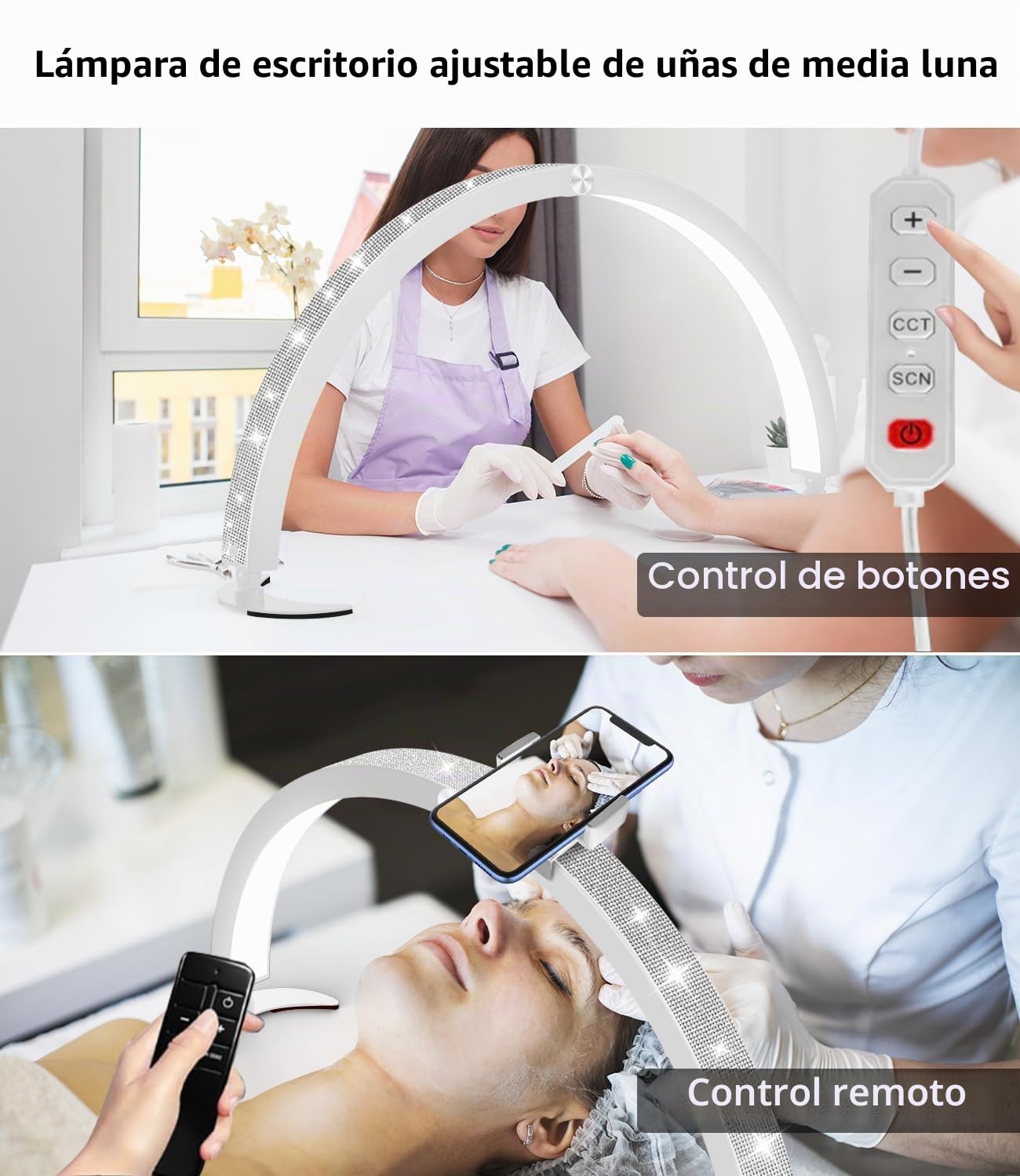 yAyusi Media Luna Lámpara para Uñas con Soporte, 74CM 40W Luz Técnica para Uñas, Lámpara de Mesa para Uñas con Controlador de Cable y Control Remoto, 7 Modos 10 Brillos para Belleza/Pestañas (Blanco)
