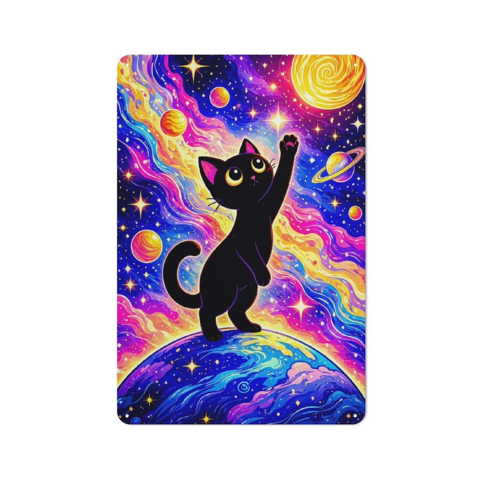 Junmoney Style-1 Vintage Tin Sign 30X20cm With Black Cat In Cosmic Wonderland For Man Cave Or Games Room, For Winter Room Styling In Man Cave And Games Room