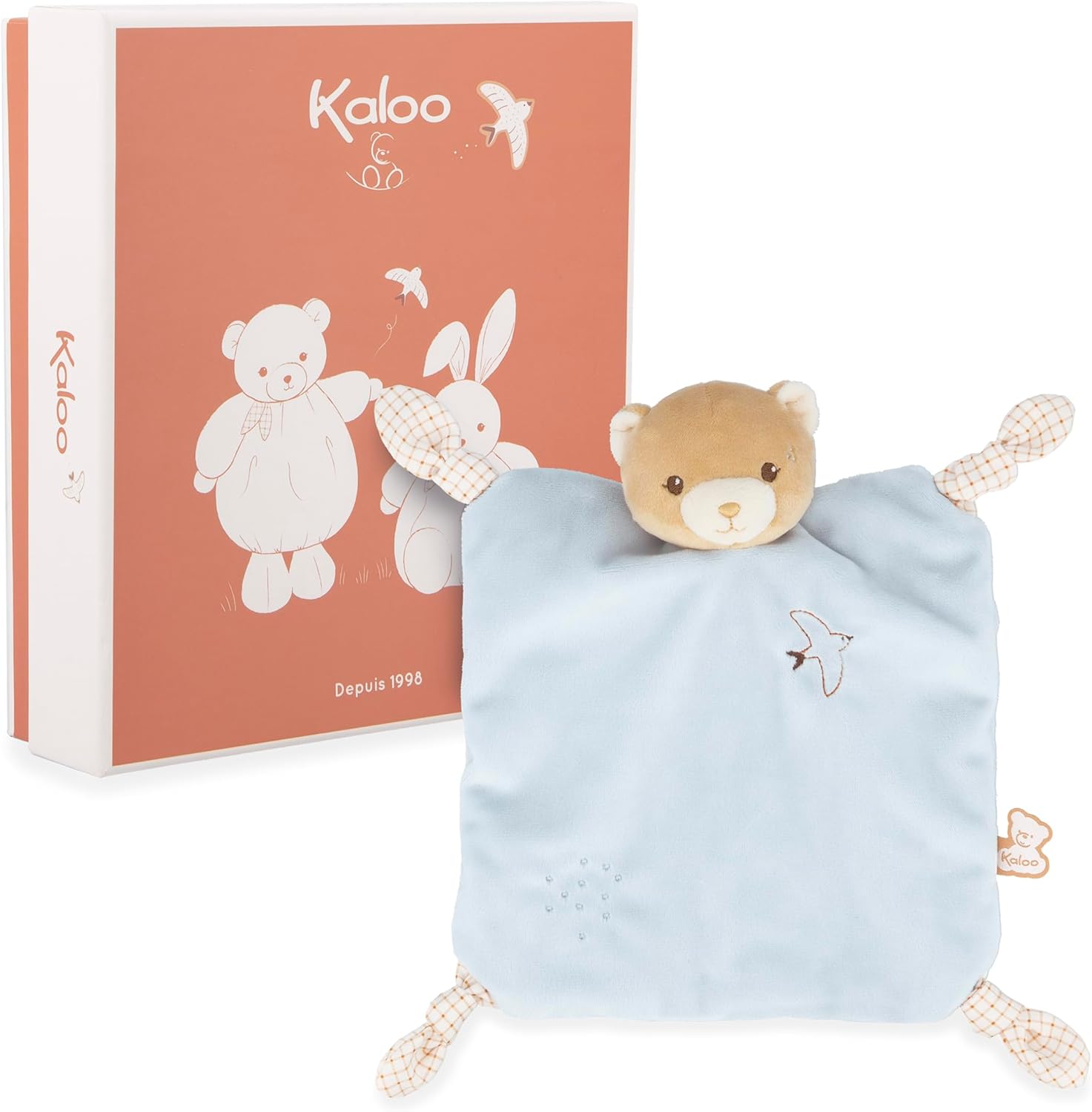 KALOO - Blue rabbit comforter 24 cm - Ultra-soft flat baby comforter - Extra soft flannel fur - Bows with dummy clip function - Cuddly and educational companion from birth - K2140013