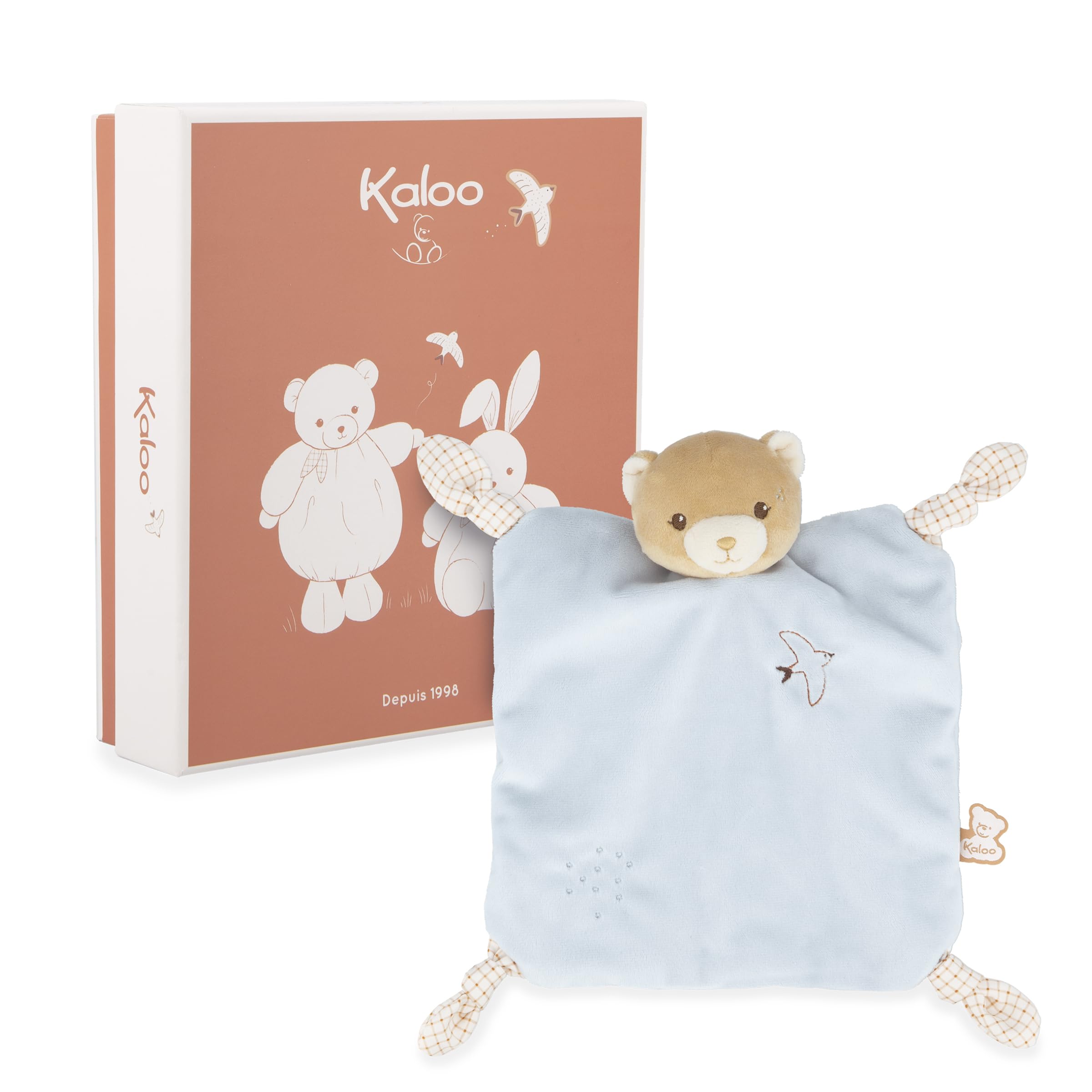 Kaloo, Blue Rabbit Soft toy 24cm, Ultra-soft flat baby soft toy, Extra soft flannel fur, Knots with teat-clip function