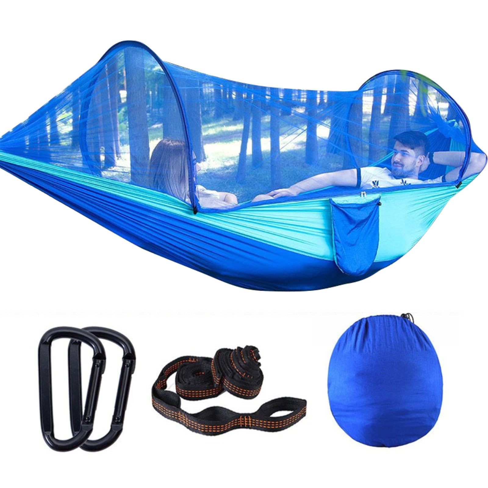 1-2 People Automatic Quick-opening Net Hammock Outdoor Camping Pole Hammock swing Anti-rollover Nylon Rocking Chair(290X140cm Blue)