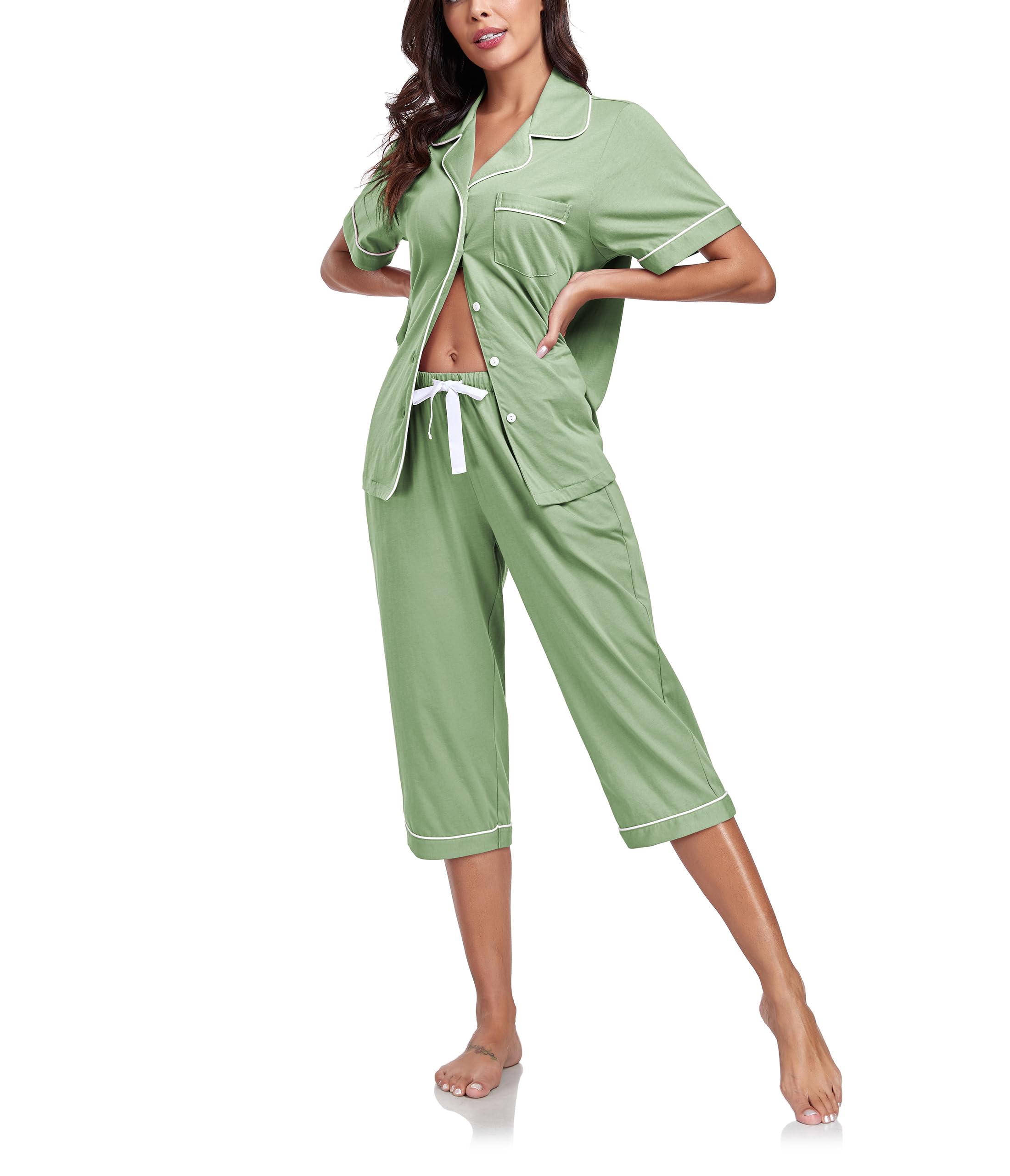 COLORFULLEAF Pyjama d'été court 100 % coton pour femme - Ensemble pyjama 2 pièces - Haut à manches courtes et pantalon long 3/4 - Vêtement de nuit