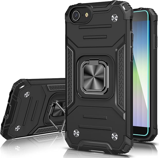 Honeyview Shockproof Case for iPhone SE 2022 / iPhone SE 2020 / iPhone 8/7/6/6s with Ring Kickstand, Bumper Apple Phone Cover for iPhone SE 2nd 3rd Generation - Black
