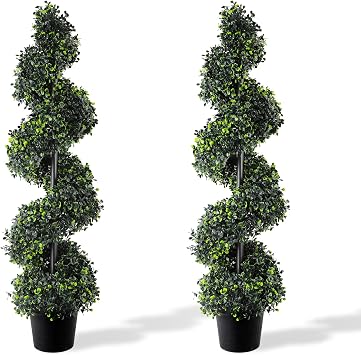PlusFive 90CM Artificial Boxwood Spiral Topiary Tree2 Pack, Evergreen Fake Buxus Plant in Pot with Twined Branches, Faux Potted Plants Christmas Tree for Home Office Porch Decoration
