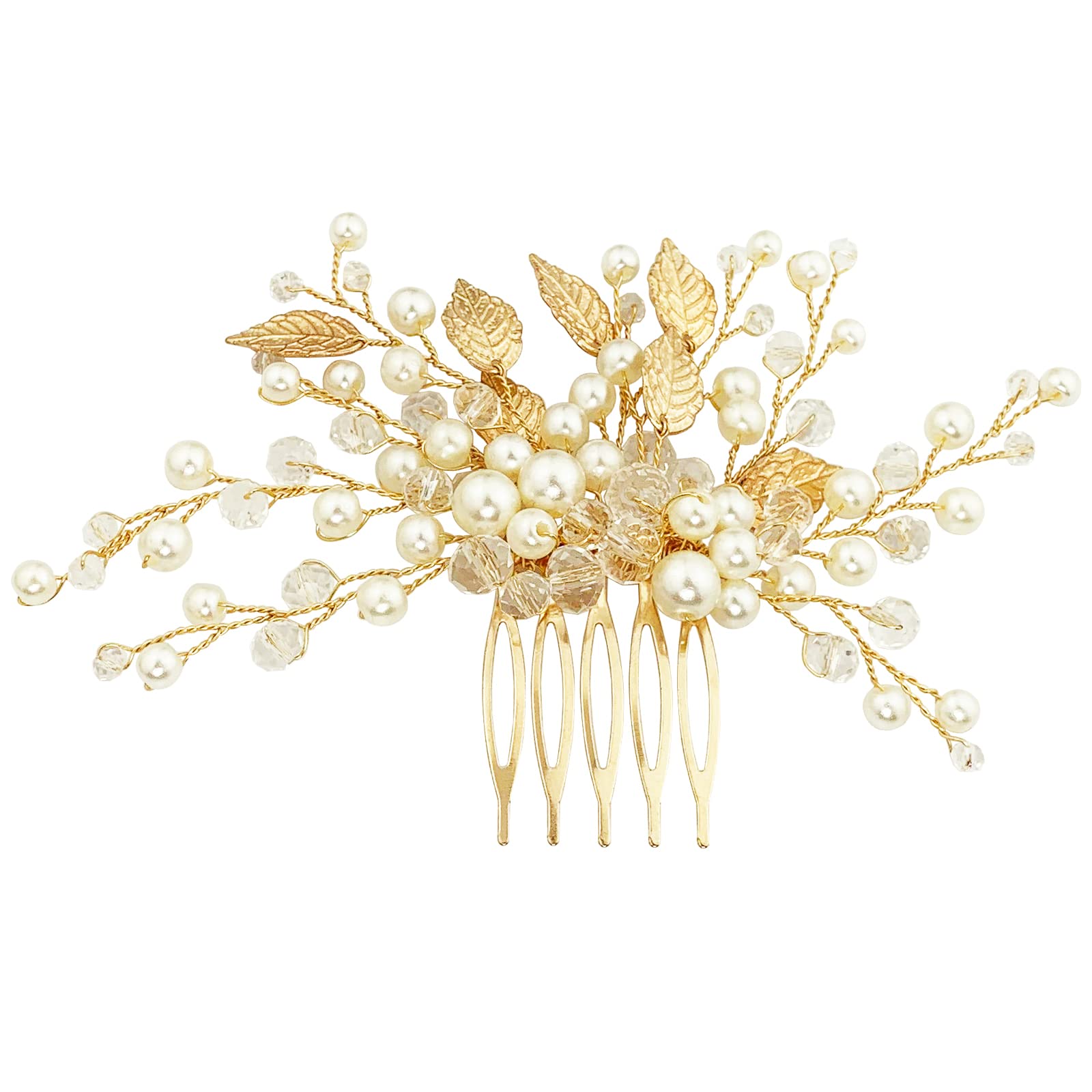 Bridal Hair Comb Crystal Pearl Gold Leaf Wedding Hair Piece Accessories for Women Girls Party (Gold)