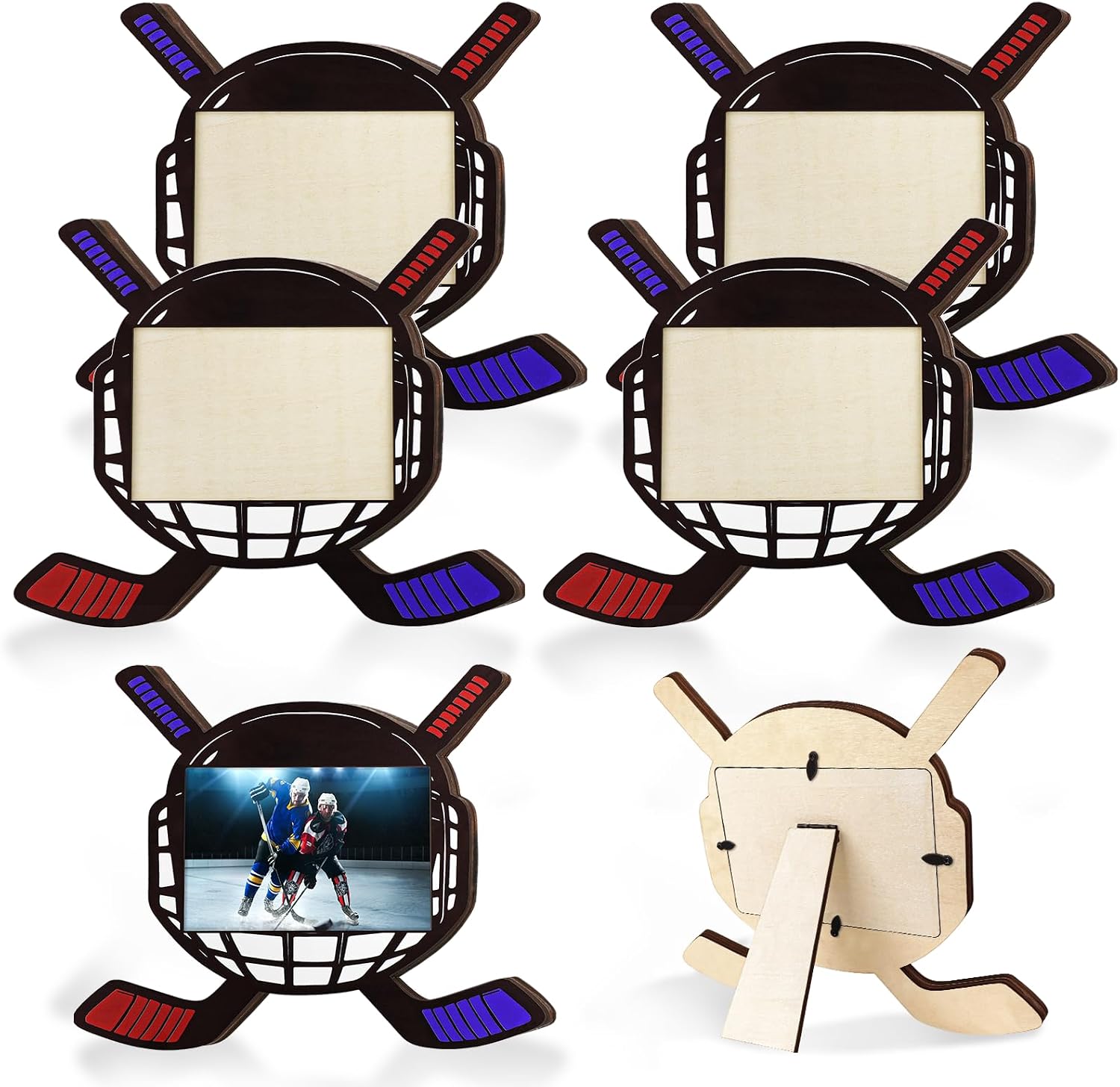 Denylo pro 4 Pcs Hockey Picture Frame 9x11 Inch Round Hockey Tabletop Picture Frame Sports Theme Photo Frame Wood Frame Gifts for Back to School Hockey Team Player Women Men Athletes