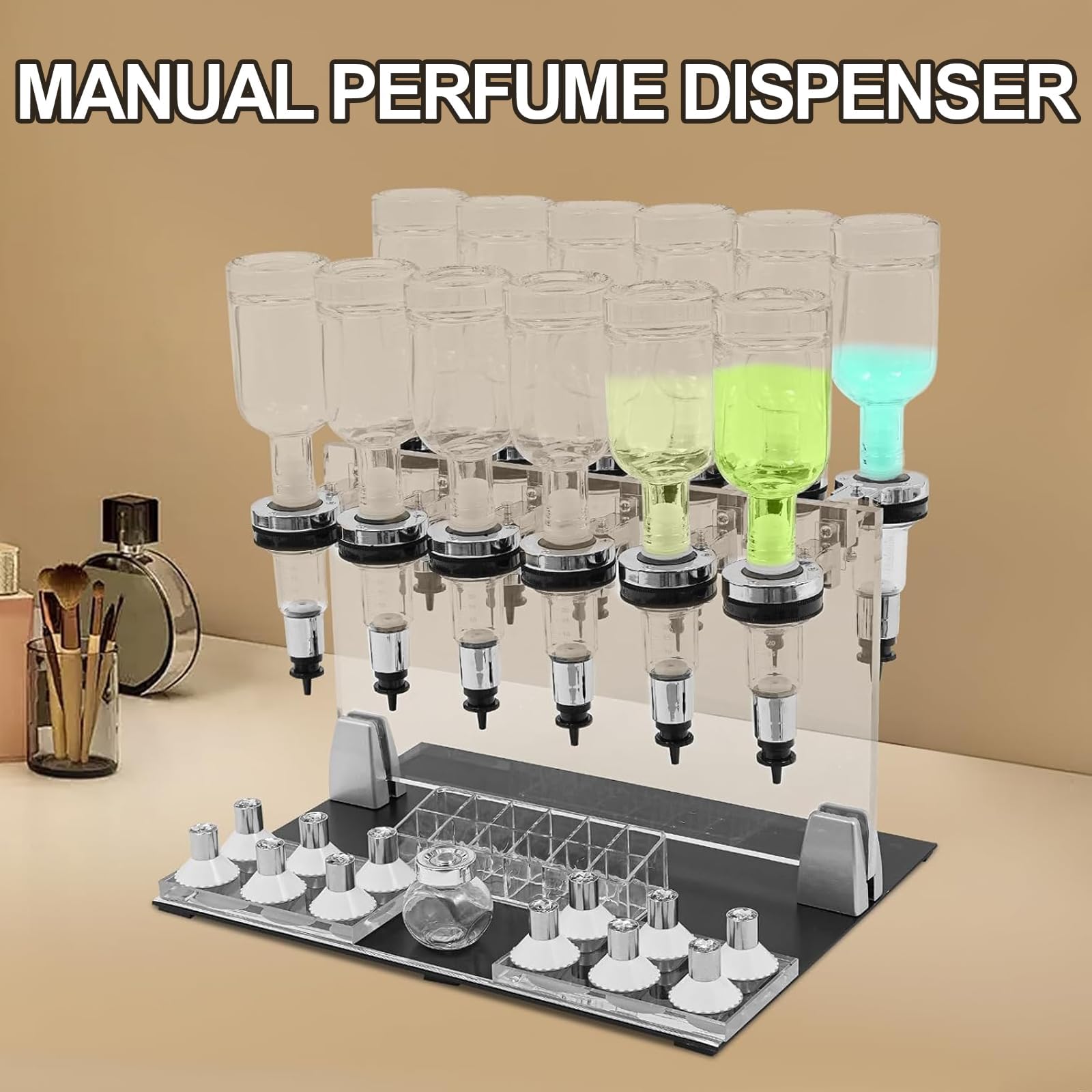 Ręczna stacja dozująca perfumy, pojemność 12 butelek z głowicami pompy i kubkami testowymi, pompki dozujące 200 ml, idealna do sklepu, studia, salonu i baru