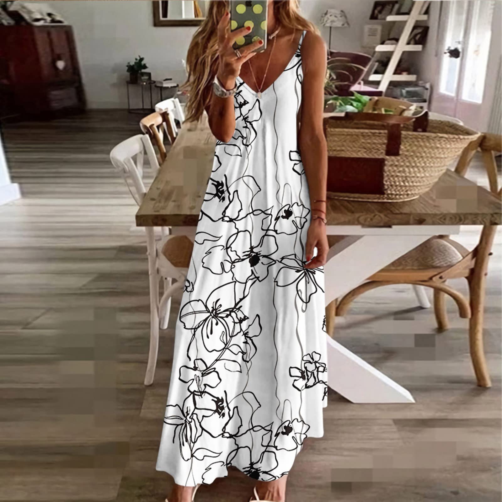 Zenlonr Women's Summer Maxi Dress - Spaghetti Strap, V-Neck With Cutout, High Split & Pockets - View #5