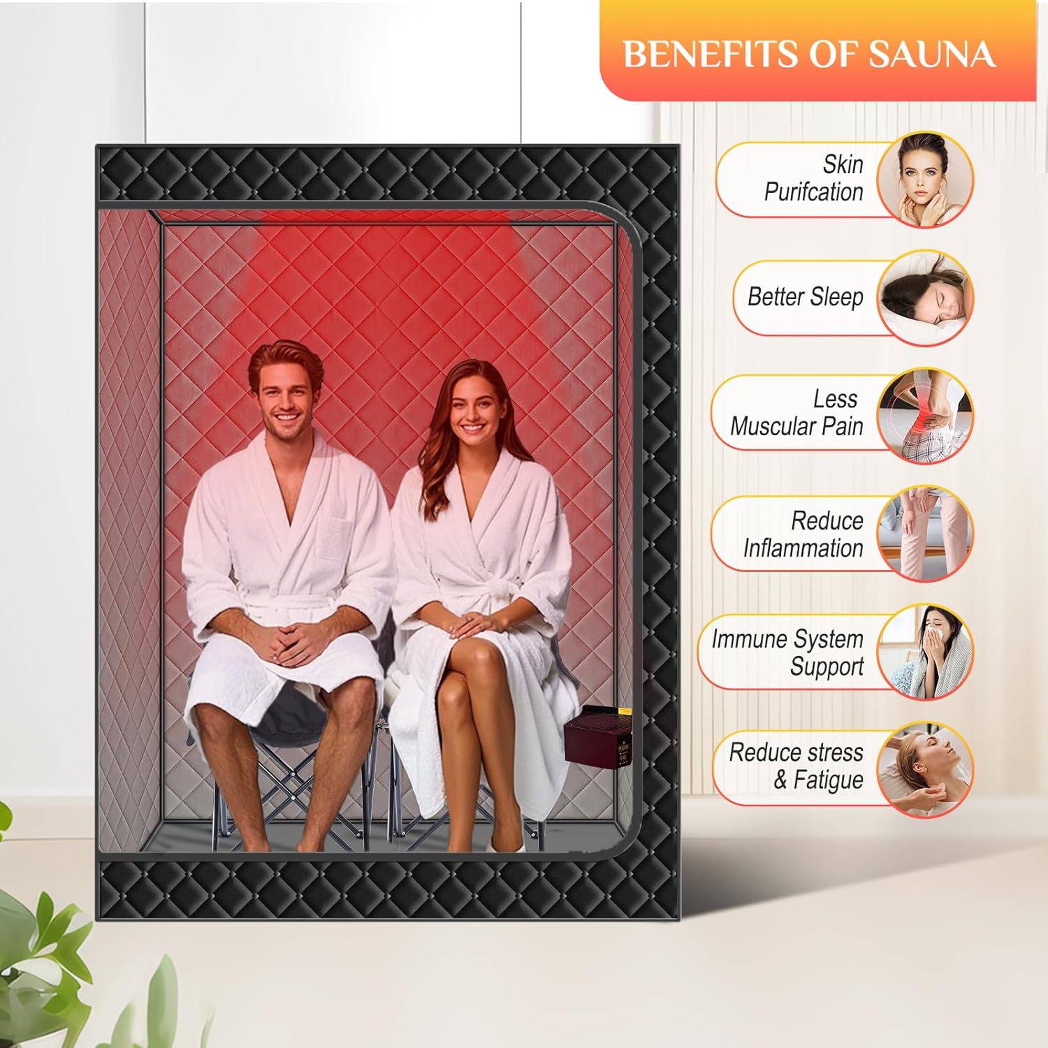 Smartmak 2 Person Portable Sauna Box with Infrared 660nm Red Light Therapy Lamp for Home Relaxation, Large Full Body Sauna Tent, 1500W High Power Hot Air Saunas Spa Pod, 2 Folding Chairs