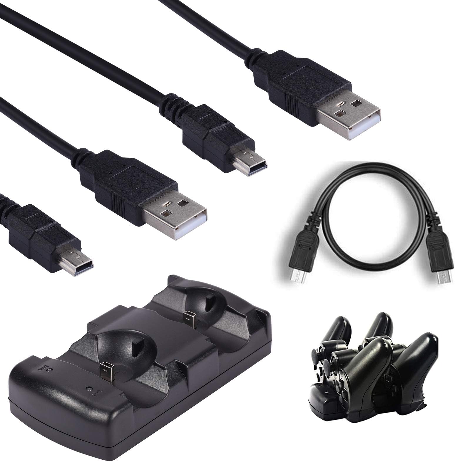 Yizerel PS3 Controller Charger with 2 Charging Cables, Playstation 3 / PS3 Slim Move Controller Charging Dock Stand Station with Dual Mini USB Charging Cables & LED Indicator (3 Packs)