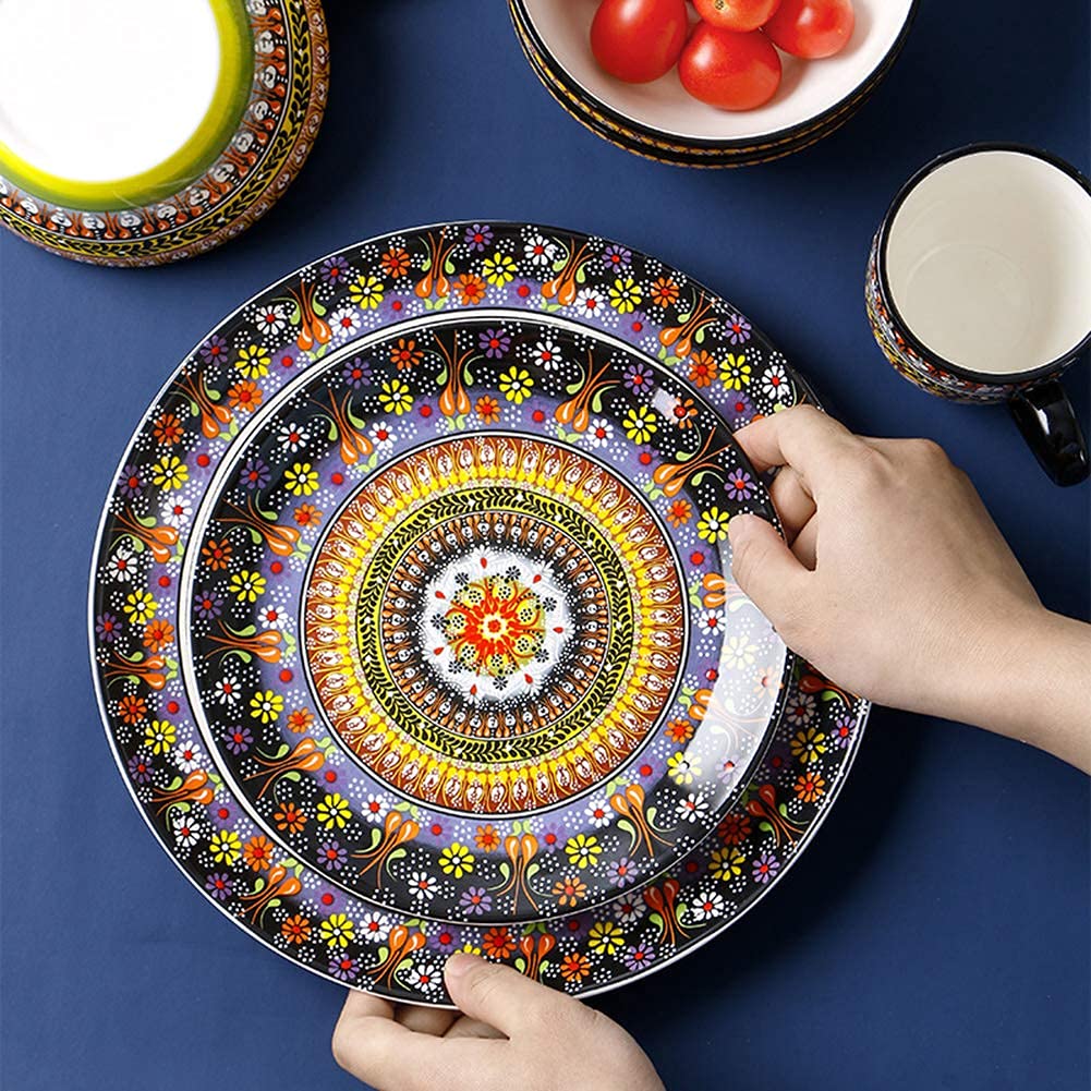 Porcelanowy zestaw zastawy stołowej – zestaw naczyń stołowych w stylu boho, 10 talerzy, 2 miski, 4 kubki, 4 kubki, egzotyczna ceramika dla 4 osób, idealny prezent na wesela