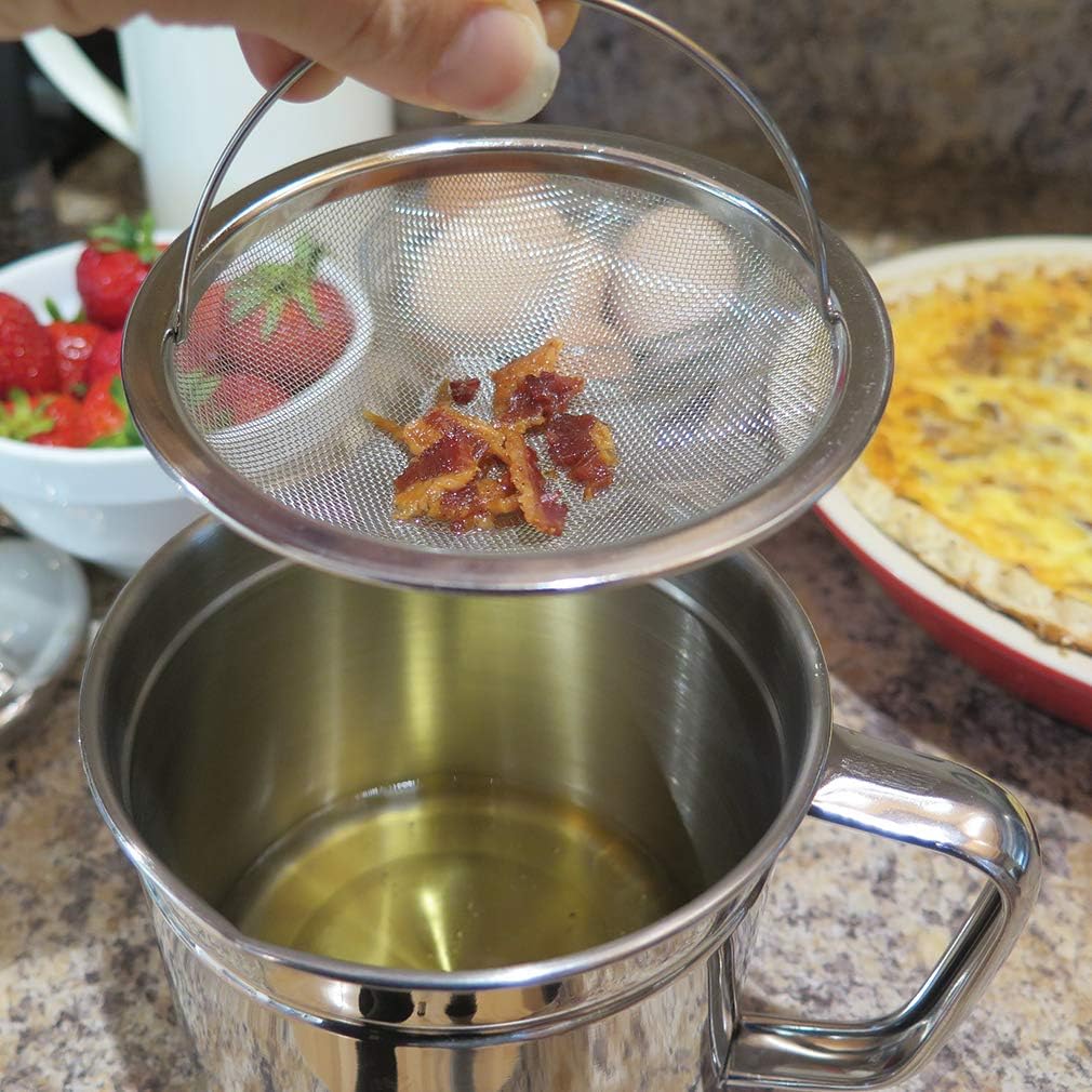 Evelots Bacon Grease Container with Fine Mesh Strainer-Large 5-Cups Stainless Cooking Oil Can for Kitchen Fat Storage with Easy-Grip Handle