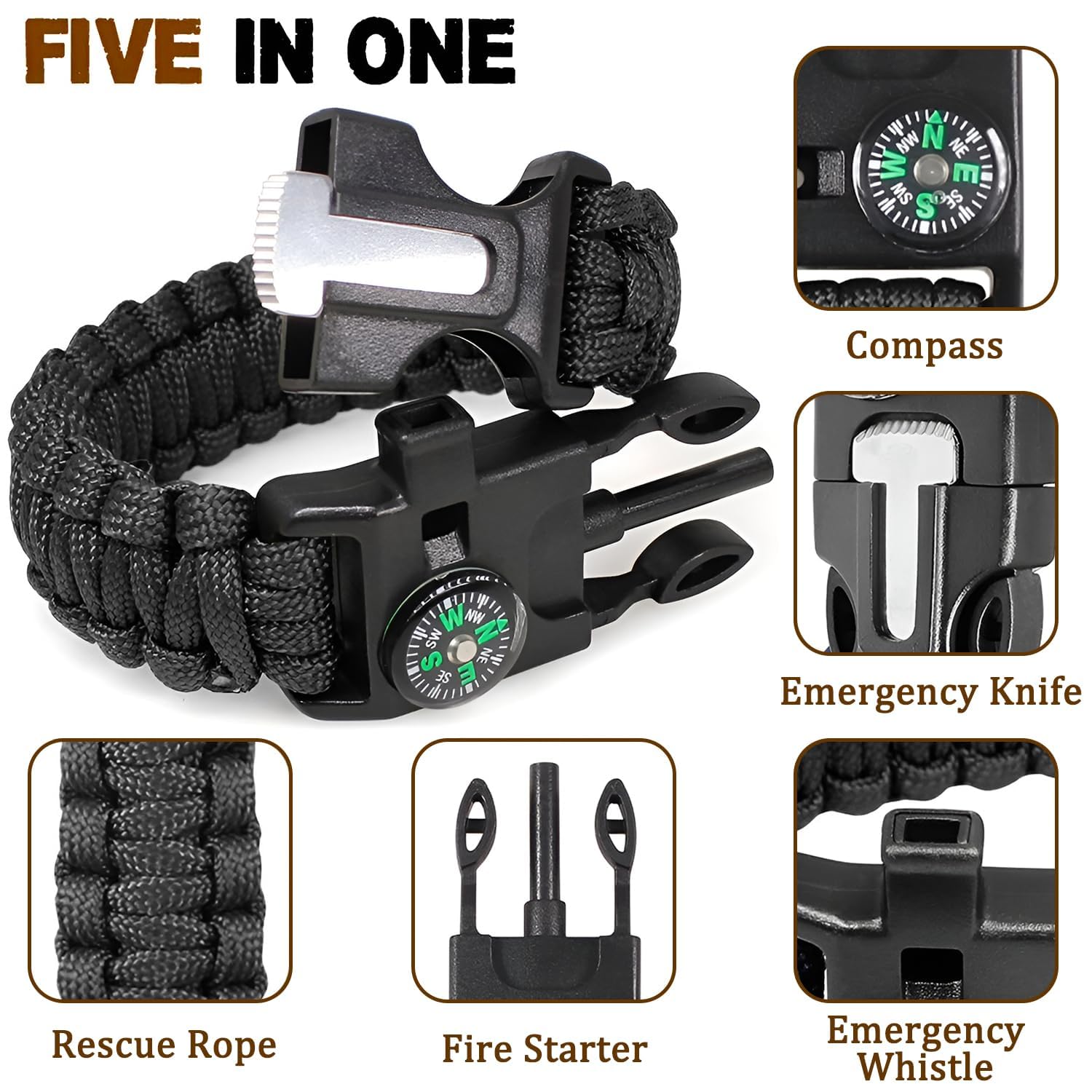 Pulsera de supervivencia de paracord 2 piezas, 5 en 1, cuerda de 3,5 m, piedra de fuego, brújula, silbato, mini cuchillo, ajustable al aire libre, senderismo, Trek