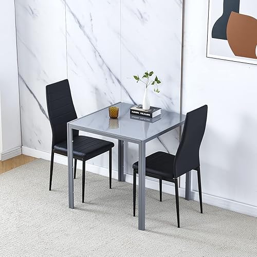 Juego de 2 mesas de comedor de cristal negro de 3 piezas y sillas de comedor de piel sintética, moderna mesa cuadrada de cocina pequeña y 2 sillas
