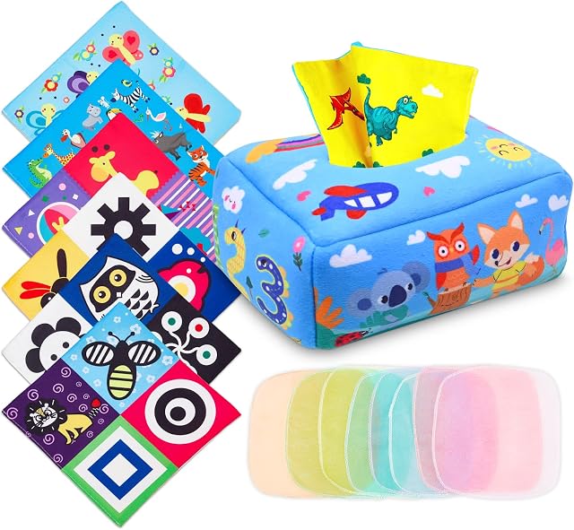 Januts Baby Tissue Box Toys Toddler Fox Montessori Sensory Toy for Autism with 6 Crinkle Tissue Papers and 8 Colorful Scarves Early Learning Fabric Educational Toys Preschool Gifts for 6-12 Months