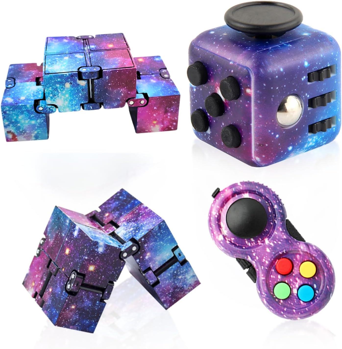 3-Piece Fidget Toy Set - Galaxy Fidget Cube  Pad  Infinity Cube - Stress & Anxiety Relief for ADHD  ADD  Autism  Adults & Kids