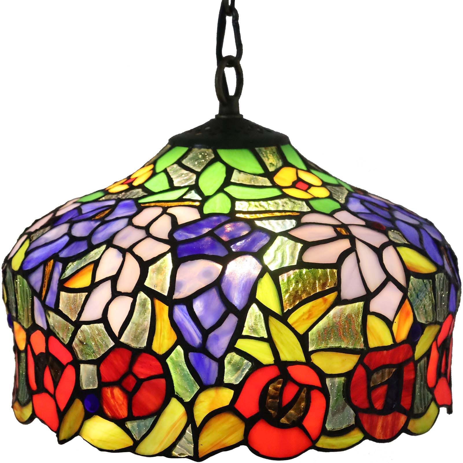 Bieye Wisteria and Rose Flowers Tiffany Style Stained Glass Ceiling Pendant Fixture for Home Decoration (Multi-Colored, 12-inch Wide)
