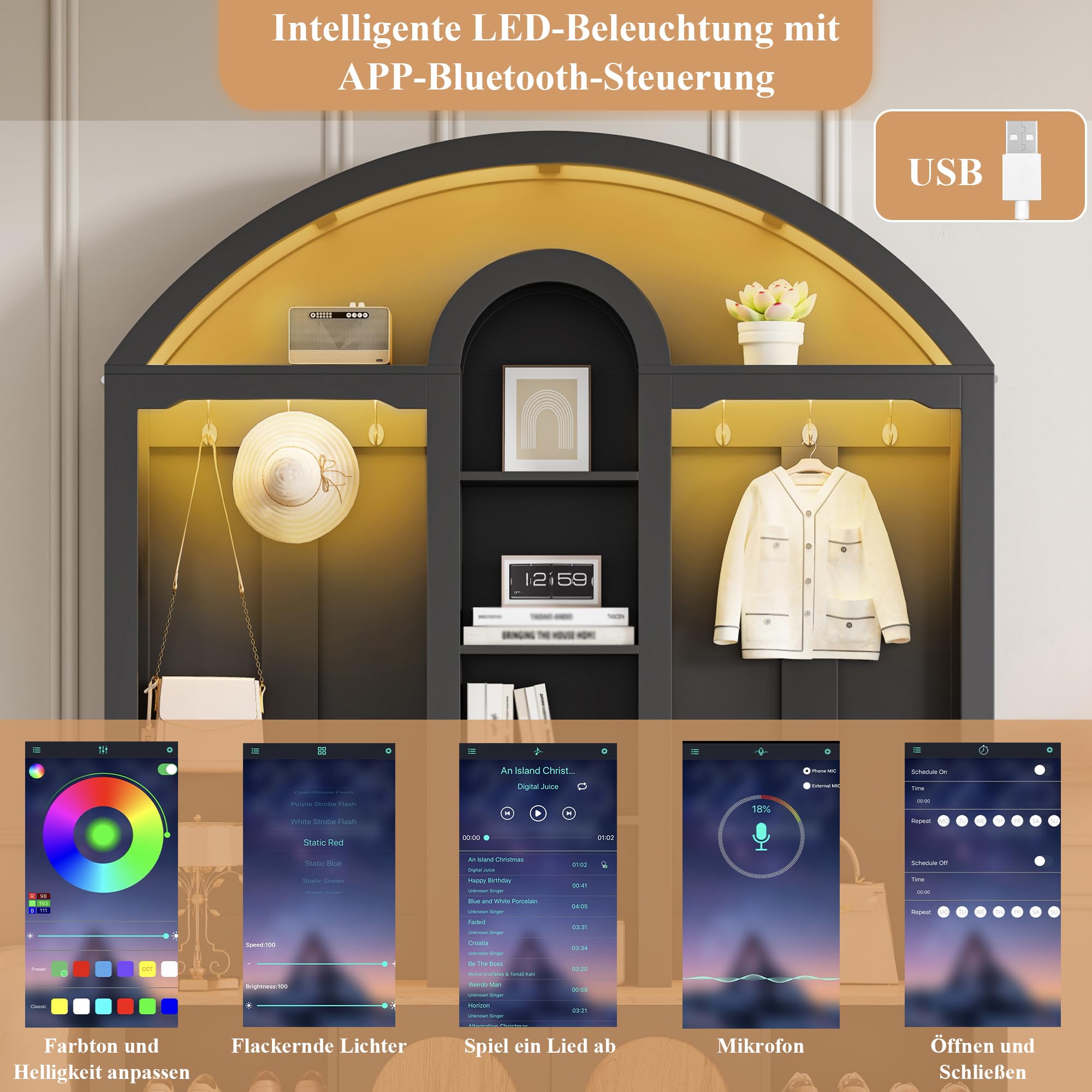 Garderobenset Hoch 195 cm mit LED Licht und Sitzbank, Garderobenschrank Flurgarderoben Set mit Haken und Schuhschrank, Schwarz