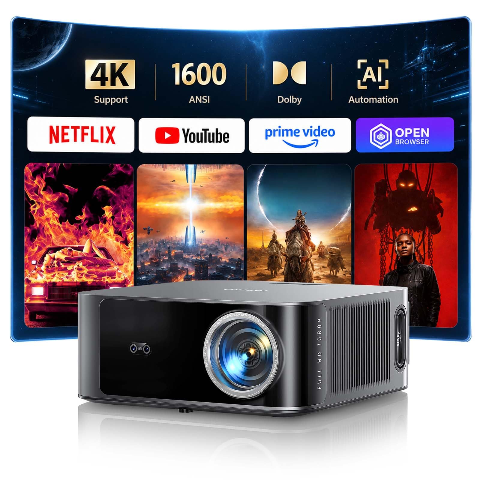Vidéoprojecteur 4K【1600 ANSI | Compatible Netflix | Dolby 36W】TOPTRO X9 Rétroprojecteur 4K Supporté FHD 1080P Natif, Auto Focus/Keystone WiFi6 Bluetooth 5.4 Projecteur Video Home Cinéma Extérieur/PS5