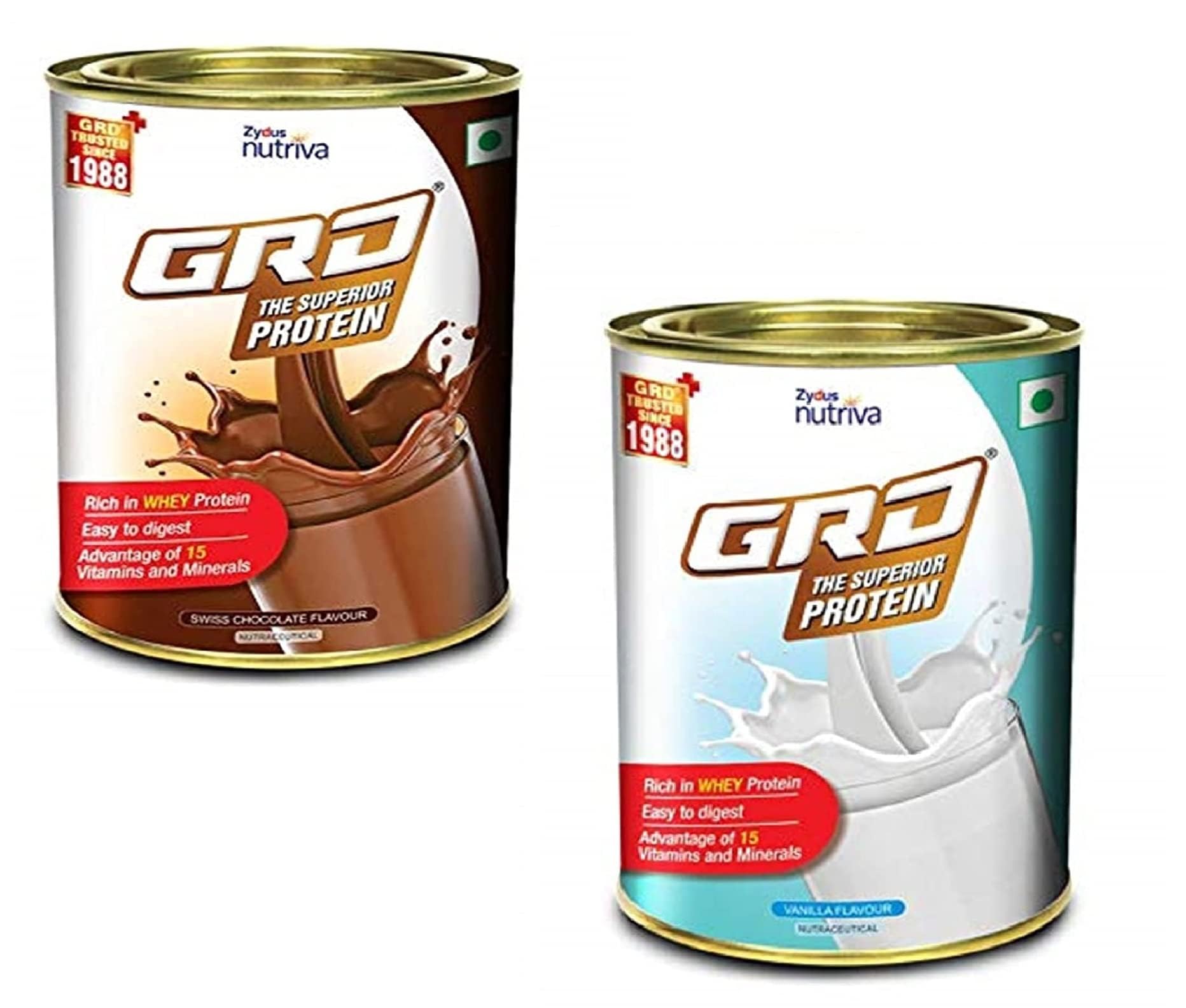 GRD Superior Protein Powder for Adults with 15 Essential Micronutrients To Support Strength, Muscle Growth & Repair and Active Life - Swiss Chocolate & Vanilla (200g Each - Pack of 2)
