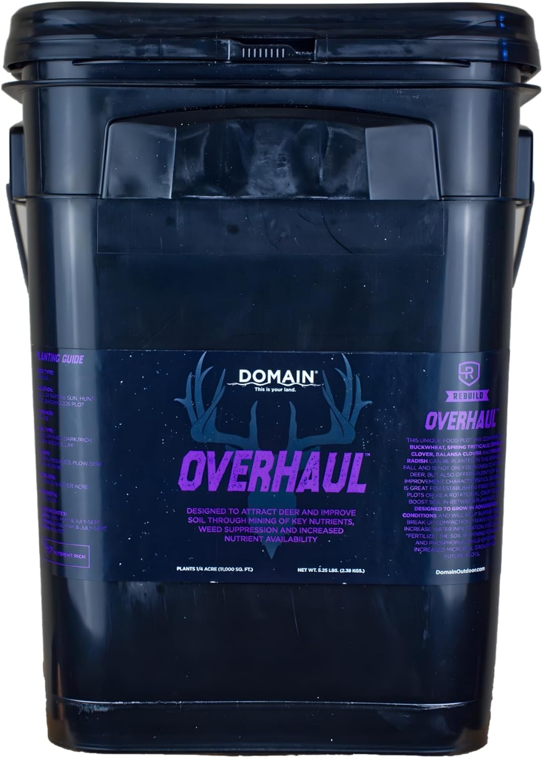 Domain Outdoor Overhaul Deer Food Plot Seed, Spring Triticale, Crimson Clover, Balansa Clover, Buckwheat, Tillage Radish, Great to Plant in Spring, Designed to Improve Soil and Attract Deer, 1 Acre