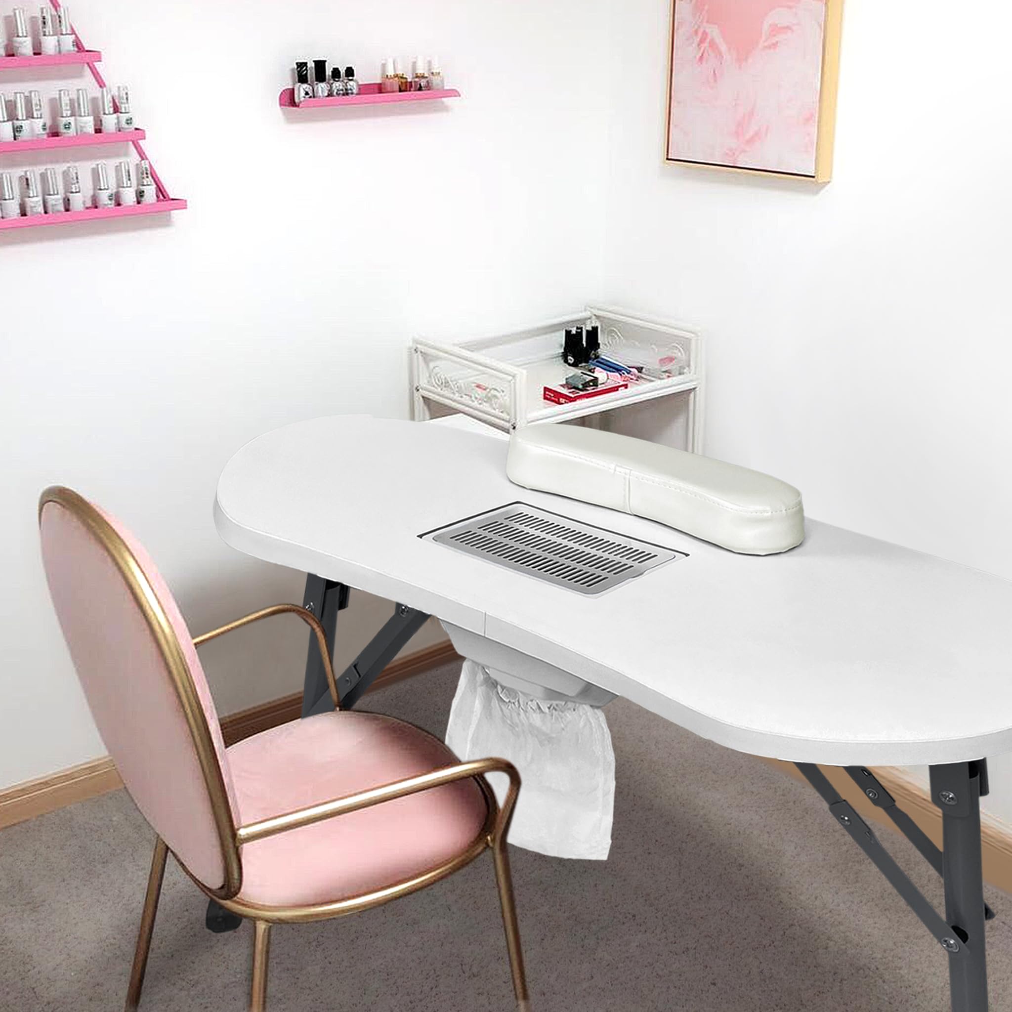 Froadp Mesa de Manicura Plegable Con Aspiradora, Móvil de Estudio Con Ruedas, Cojín para Manos, Cajón y Bolsa de Almacenamiento para Salón de Belleza (Blanco)