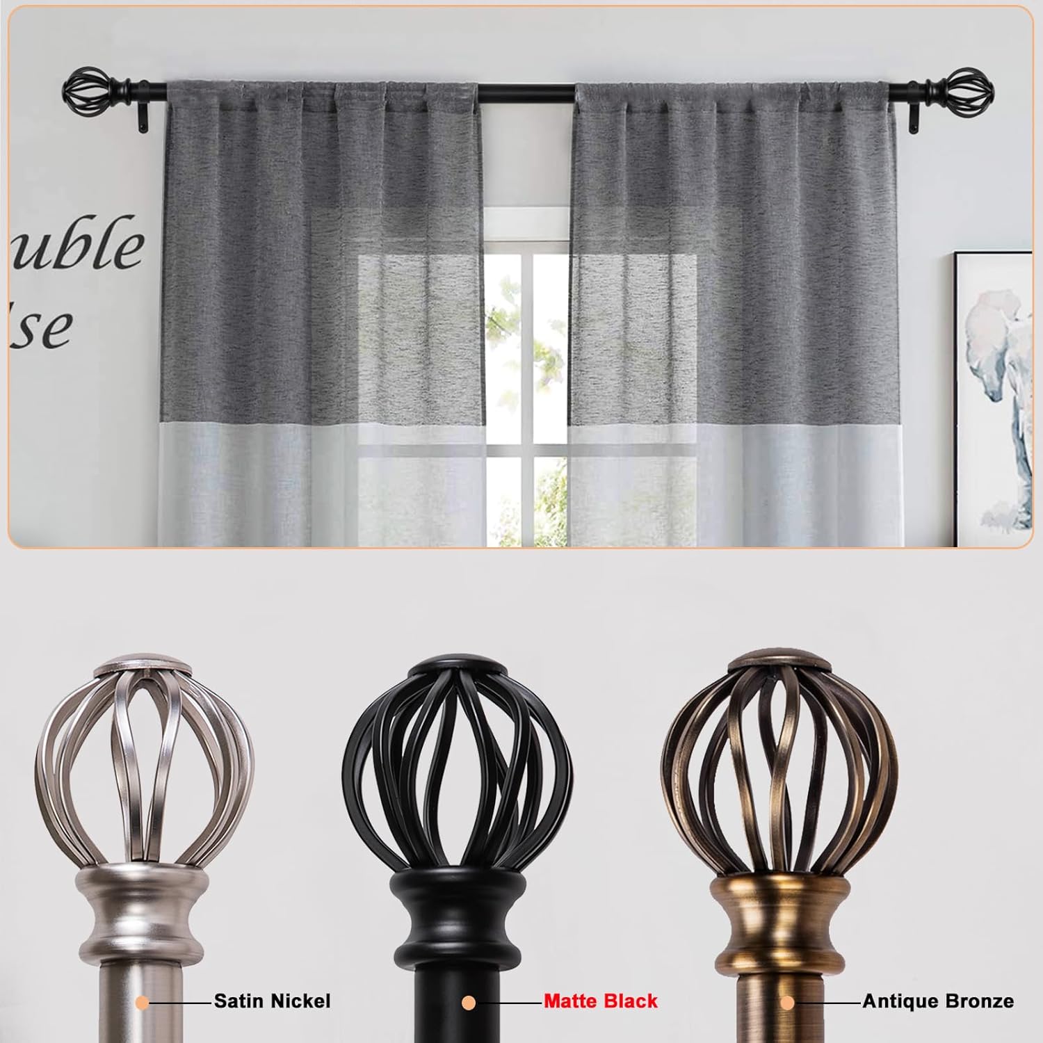 Condition photo showing Good Condition for Black Curtain Rods for Windows 30-88 Inch Adjustable Heavy Duty Metal,1 Inch Pipe Decorative Modern Rustic Blackout Drapery Rods with Twisted Cage Finials
