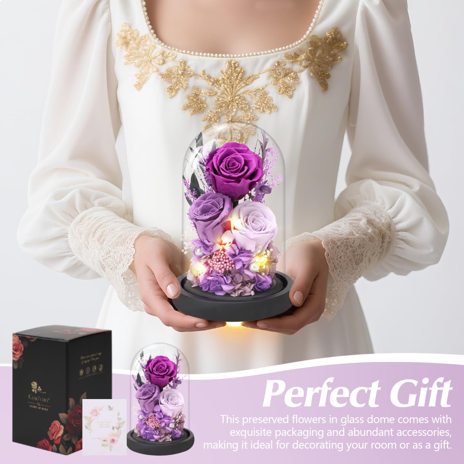Casaido Flores de rosas preservadas para entrega, flores moradas para siempre en cúpula de cristal para mujeres, mamá, esposa, novia, abuela, rosa eterna, regalo de cumpleaños para el día de la madre