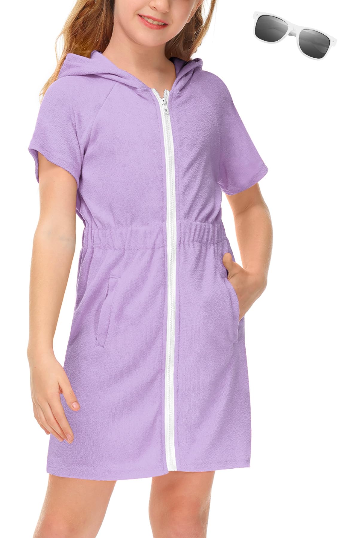 BesserBay Girls Swim Cover Up Beach Bathing Suit Coverups for Swimwear Zip-Up Terry Cloth Robes with Sunglasses 6-14 Years