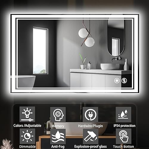 Miniatura 2 de Espejo LED de 48 x 28 pulgadas para baño, espejo de baño antivaho con luces regulables, 3 colores, luces delanteras y retroiluminadas, espejo de
