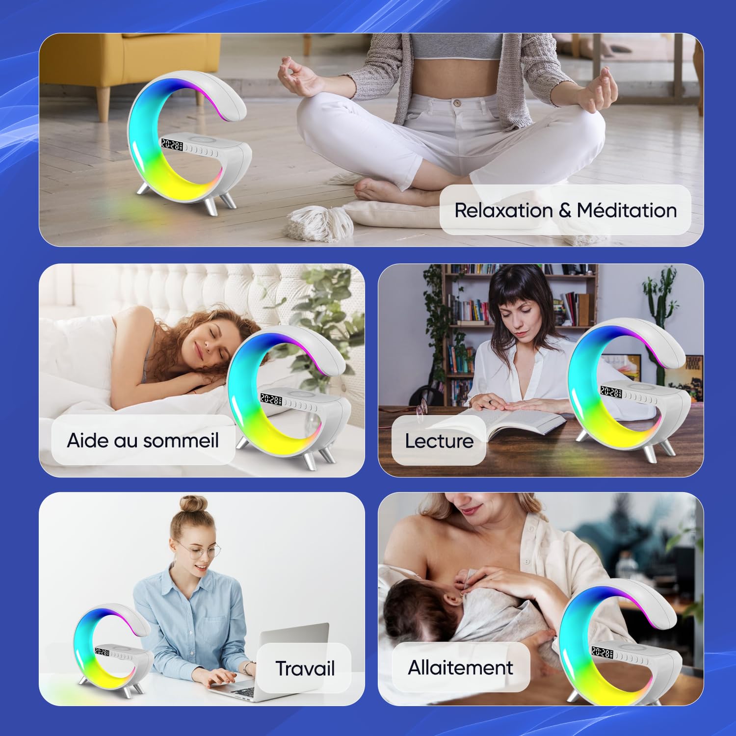 Lampe d’Ambiance 3-en-1,Réveil Lumineux,Haut-Parleur Bluetooth,Chargeur Sans Fil & Lumière LED 16M Couleurs Contrôlable par App,déale Chambre,Salon,Bureau,Cadeau de Noël Homme/Femme/Enfant