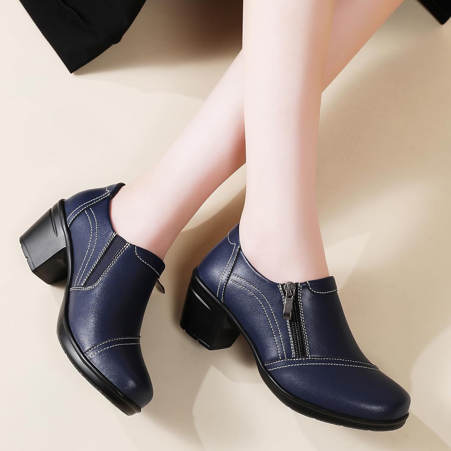 Loafers for Women Black Dress Shoes high Heel Loafers & Slip-Ons Zipper Chunky Block Comfortable Dressy Pumps Business Casual Ladies Heeled Work Office Flight Attendant Shoes - Image 8