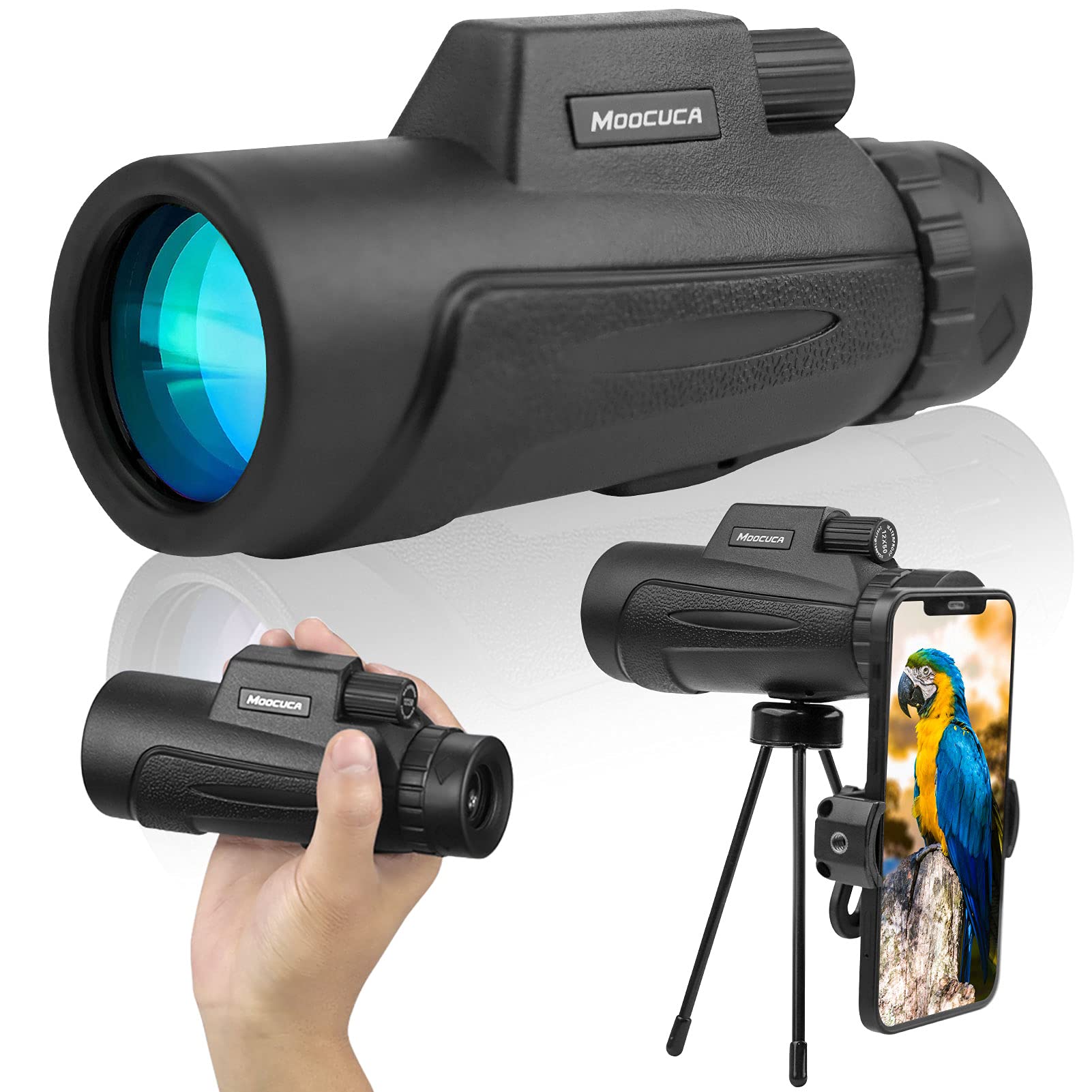 Moocuca Monocular Telescope, 12x50 HD Waterproof Monocular, High Power BAK4 FMC Prism Telescope with Smartphone Holder and Adjustable Tripod for Mobile Phone for Bird Watching Hunting Hiking Camping