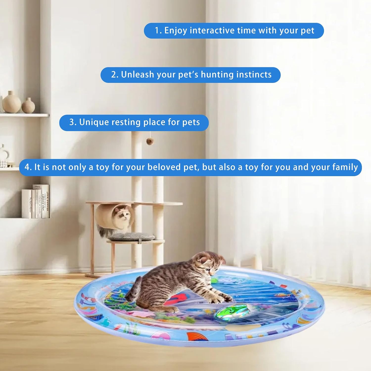 Cat Dog Water Mat with Remote Control LED Boat, Thickened Anti-Scratch Leak Proof Cat Water Sensor Play Mat, Non-Slip Playmat for Indoor Kitten